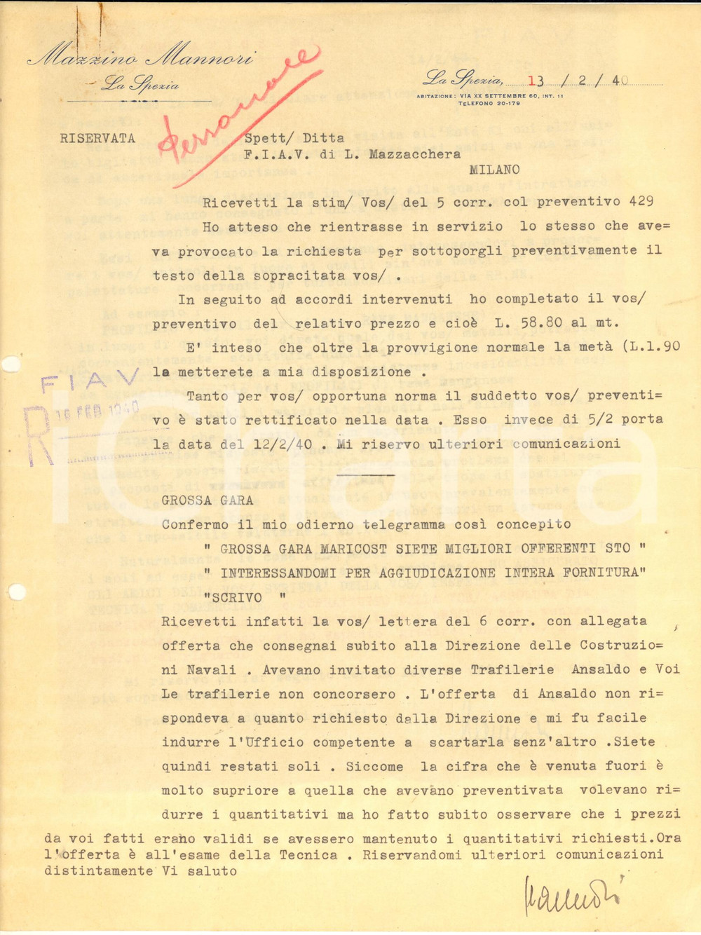 Documento originale, autentico 1940 LA SPEZIA Lettere Mazzino MANNORI su preventivo navi da guerra Autografo 1