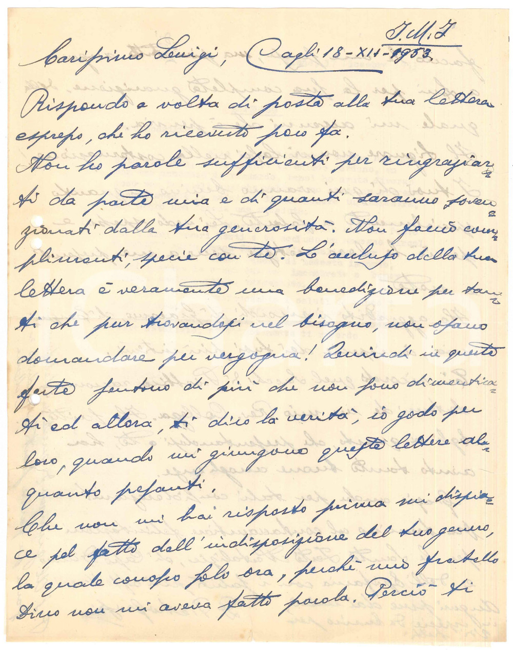 Autografo originale 1953 CAGLI Lettera mons. Pietro GROSSI a un generoso benefattore Autografo 1