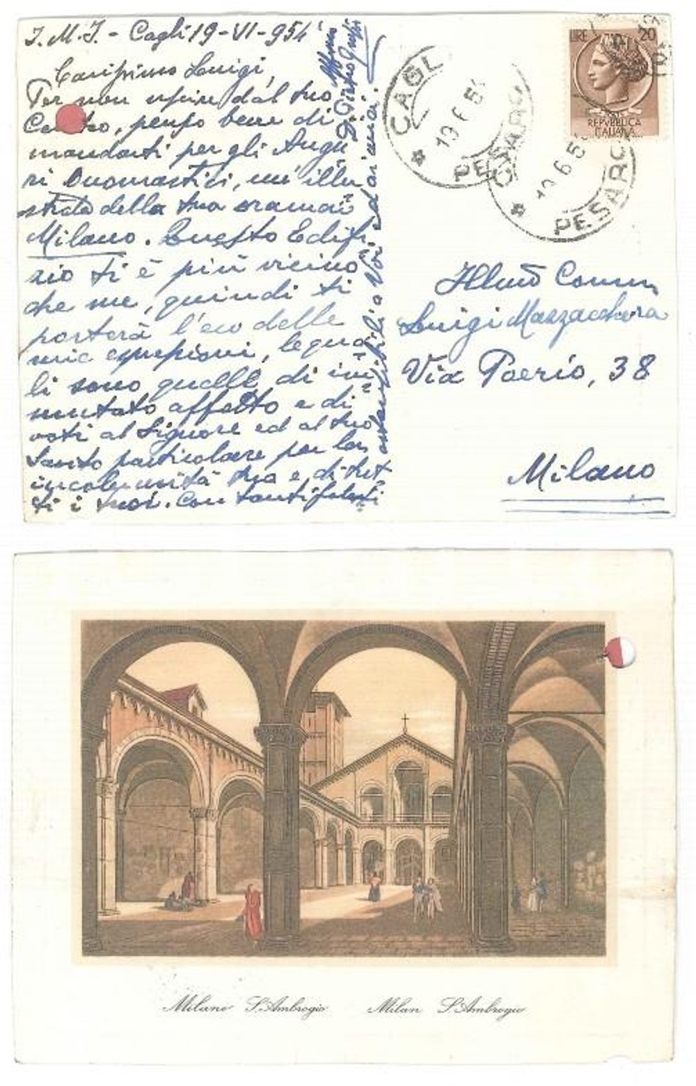 Autografo originale 1954 CAGLI Cartolina mons. Pietro GROSSI a un benefattore  AUTOGRAFO 1