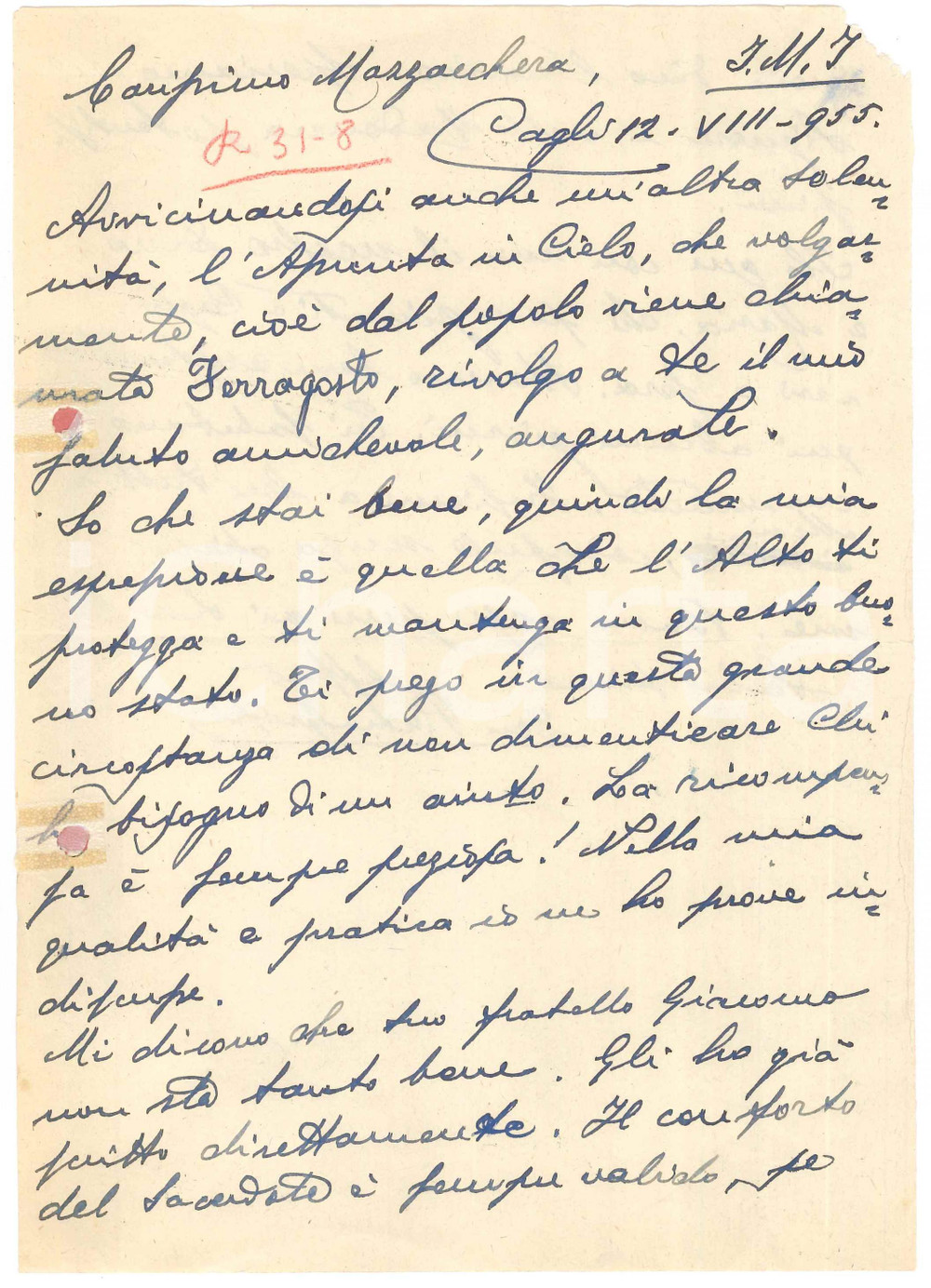 Autografo originale 1955 CAGLI Mons. Pietro GROSSI sollecita la beneficenza  Lettera AUTOGRAFA 1
