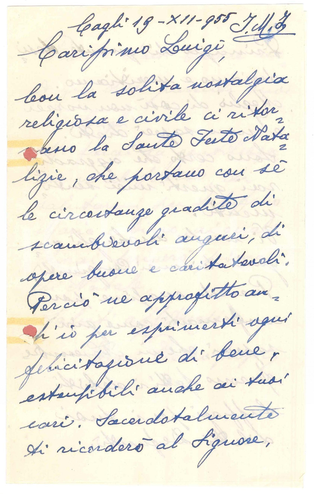 Autografo originale 1955 CAGLI Mons. Pietro GROSSI  Lettera di auguri AUTOGRAFO 1