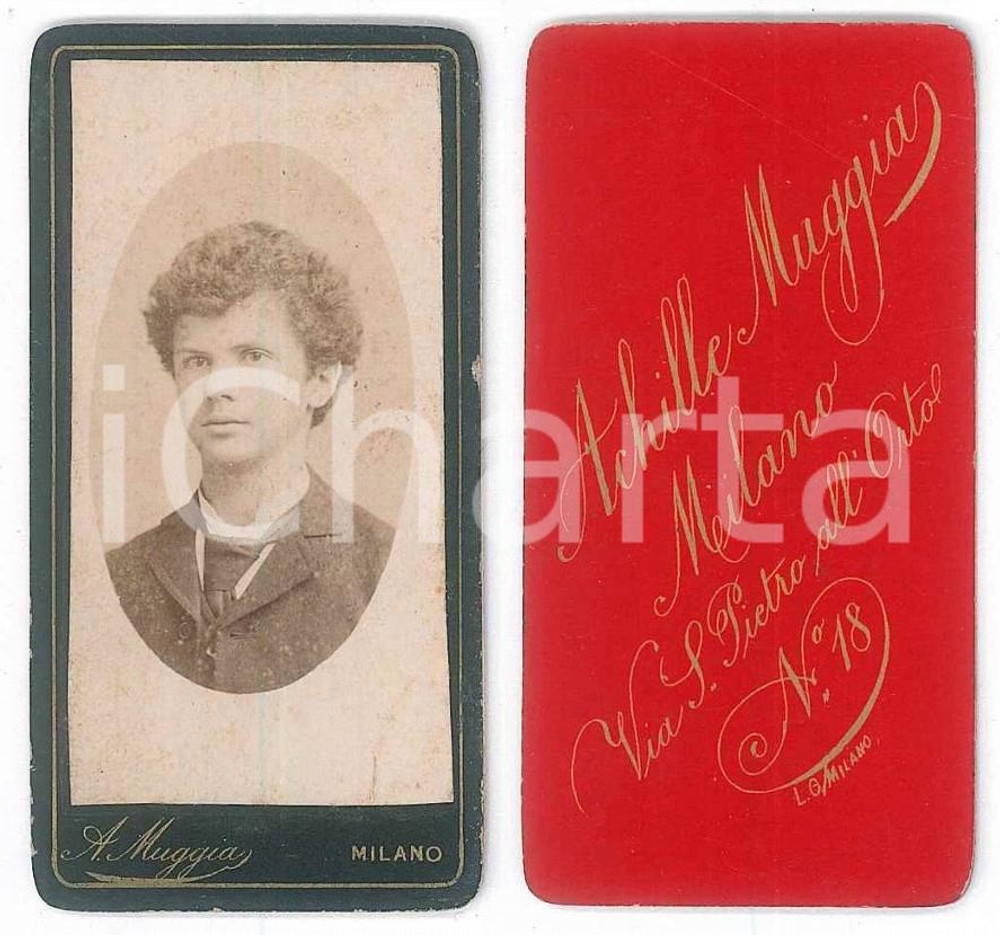 Fotografia d epoca originale 1880 ca MILANO Ritratto di giovane uomo  Busto  Foto Achille MUGGIA 4x8 cm 1
