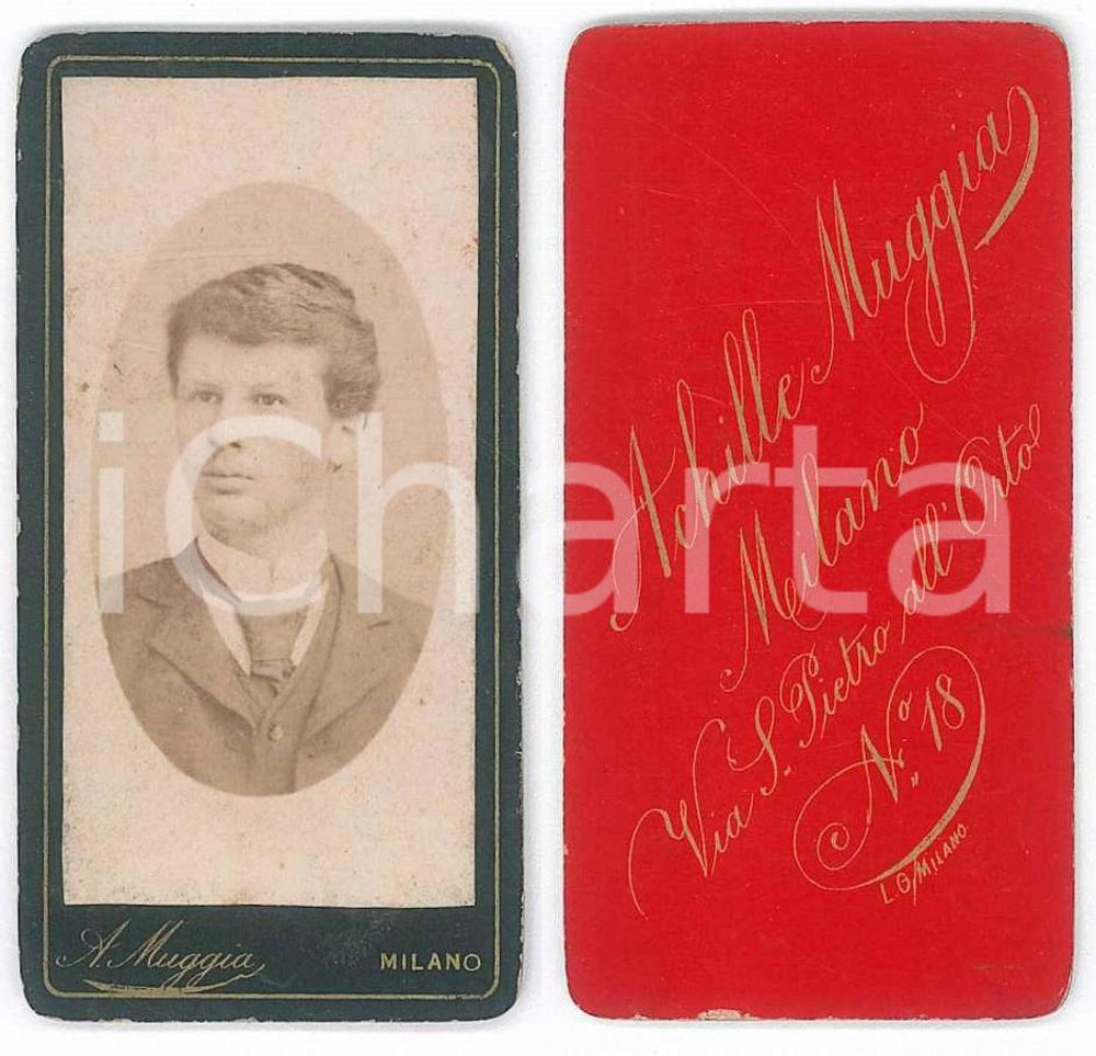 Fotografia d epoca originale 1880 ca MILANO Ritratto di giovane uomo  Busto Foto Achille MUGGIA 4x8 cm 1