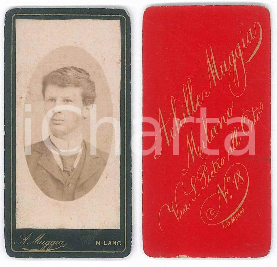 Fotografia d epoca originale 1880 ca MILANO Ritratto di giovane uomo  Busto Foto Achille MUGGIA 4x8 cm 1