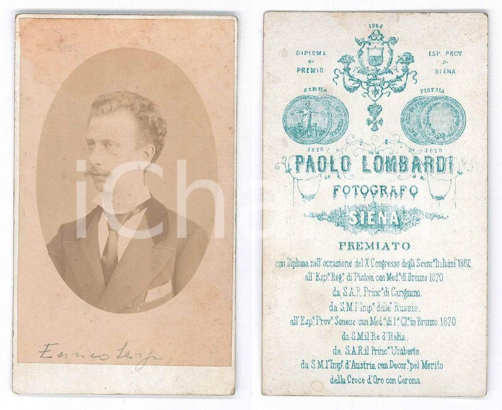Fotografia d epoca originale 1875 ca SIENA Ritratto di Enrico SERPI  Foto Paolo LOMBARDI CDV 1