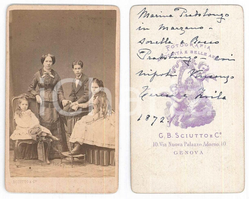 Fotografia d epoca originale 1872 GENOVA Marina PRATOLONGO in MARZANO con i nipoti Foto SCIUTTO CDV 1