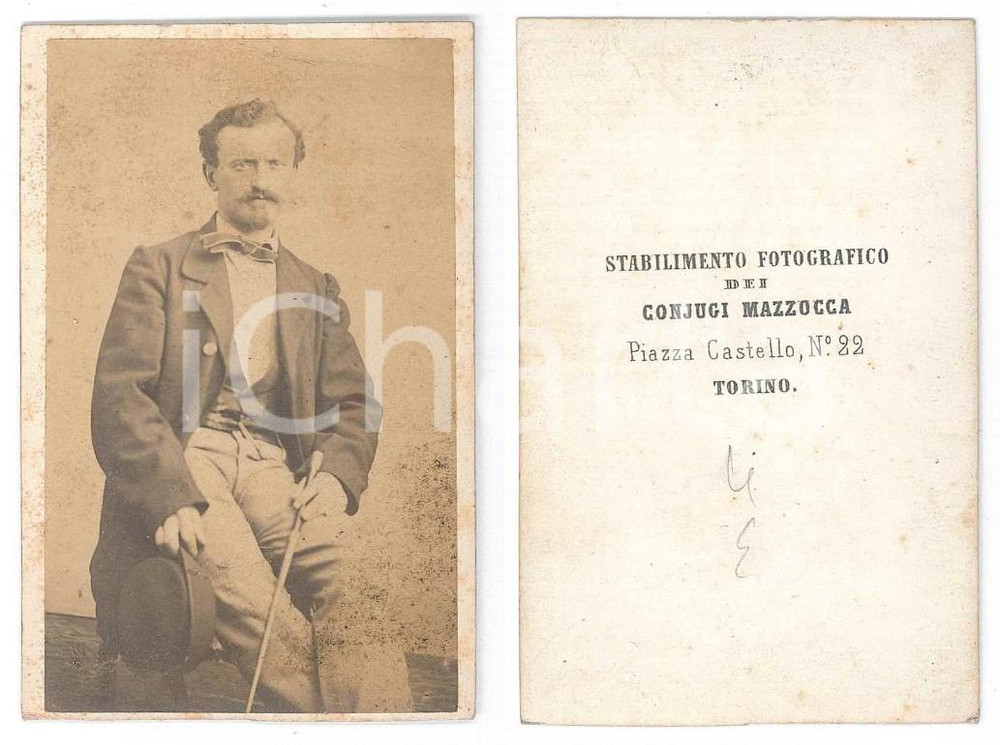 Fotografia d epoca originale 1870 ca TORINO Giovane uomo con cilindro Foto MAZZOCCA  CDV 1