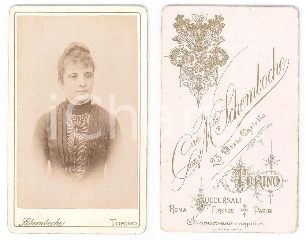 Fotografia d epoca originale 1890 ca TORINO Giovane donna in abito ricamato  Foto SCHEMBOCHE CDV 1