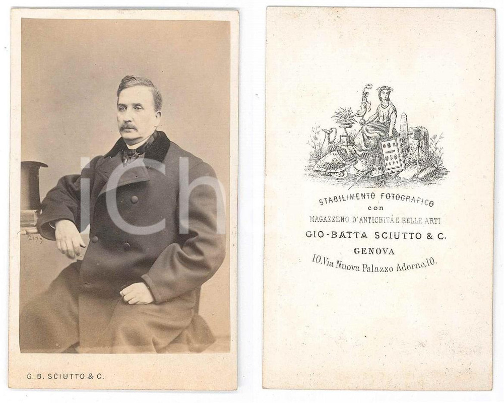 Fotografia d epoca originale 1870 ca GENOVA Ritratto maschile con il cappotto Fotografia SCIUTTO CDV 1