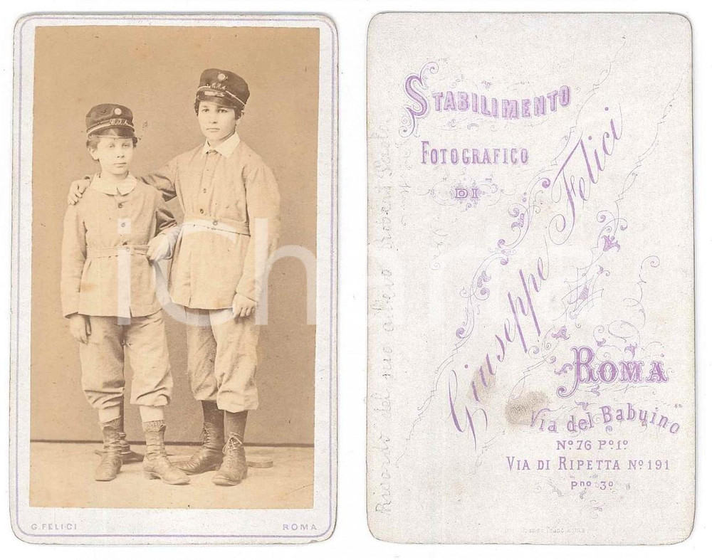 Fotografia d epoca originale 1875 ca ROMA Due bambini in divisa da collegiale  Foto Giuseppe FELICI CDV 1