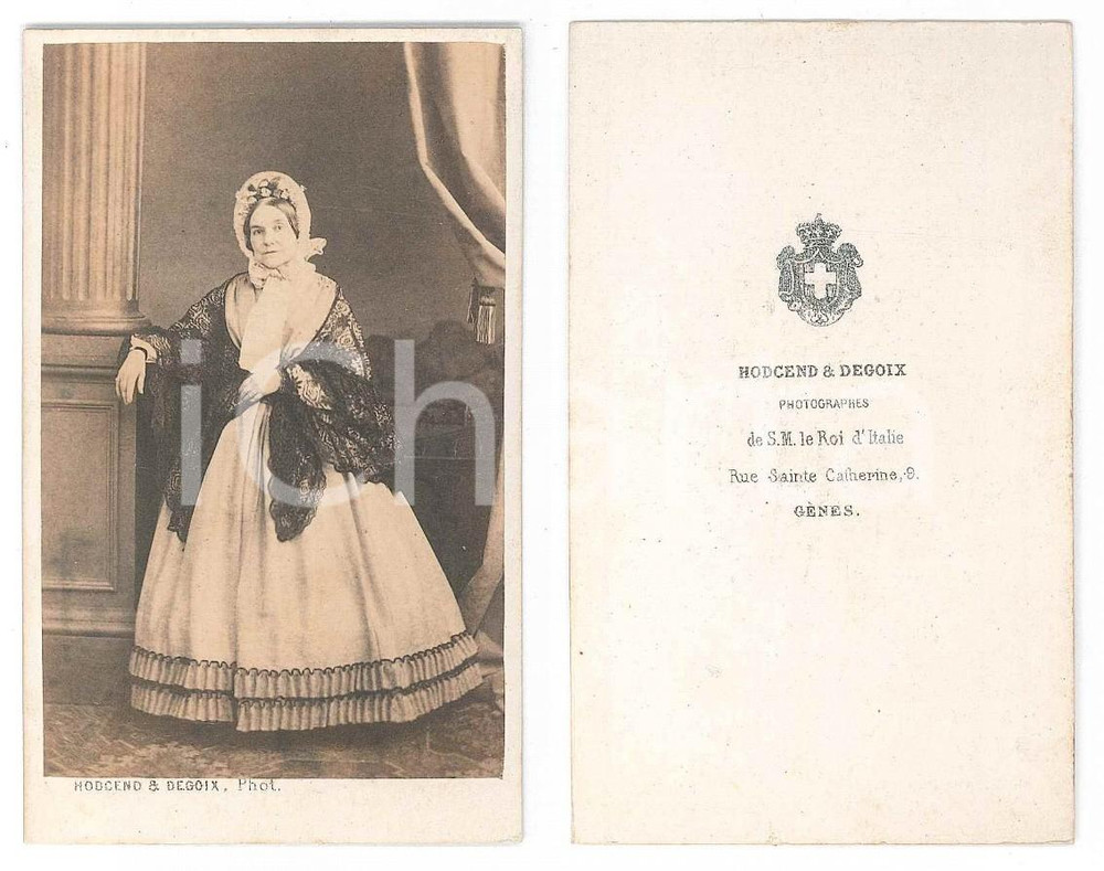 Fotografia d epoca originale 1870 ca GENOVA Ritratto di donna con scialle e cuffietta Foto HODCEND & DEGOIX 1