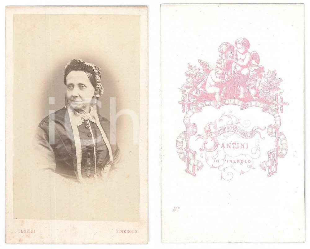 Fotografia d epoca originale 1870 ca PINEROLO Anziana donna con  cuffietta  Ritratto Foto Pietro SANTINI 1