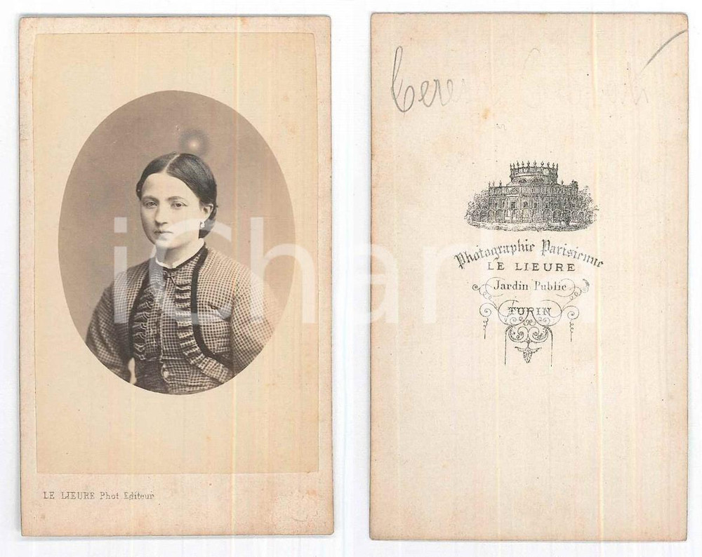 Fotografia d epoca originale 1870 ca TORINO Ritratto di giovane donna in abito a quadretti Foto LE LIEURE 1