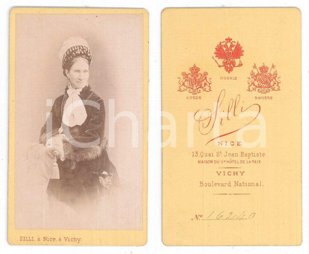 Fotografia d epoca originale 1870 ca FRANCE Portrait de femme en robe noire Photo SILLI NICE/VICHY CDV 1
