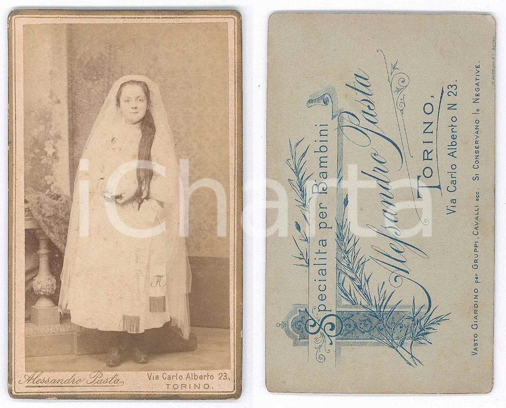 Fotografia d epoca originale 1890 ca TORINO Bambina alla Prima Comunione  Ritratto  Foto Alessandro PASTA 1