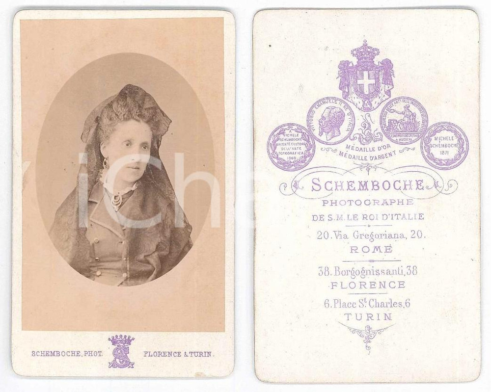 Fotografia d epoca originale 1875 ca TORINO Ritratto di donna con velo nero  Foto SCHEMBOCHE CDV 1