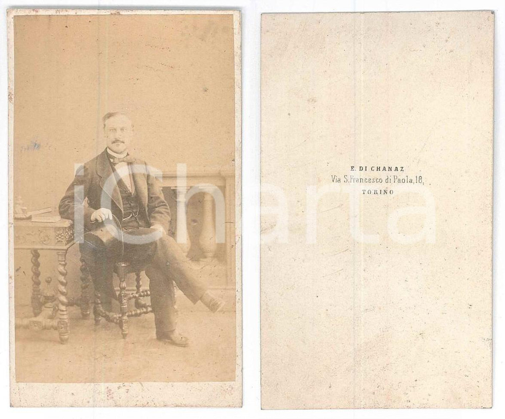 Fotografia d epoca originale 1870 ca NOBILTA  TORINO Gentiluomo seduto  Ritratto  Foto E. DI CHANAZ CDV 1