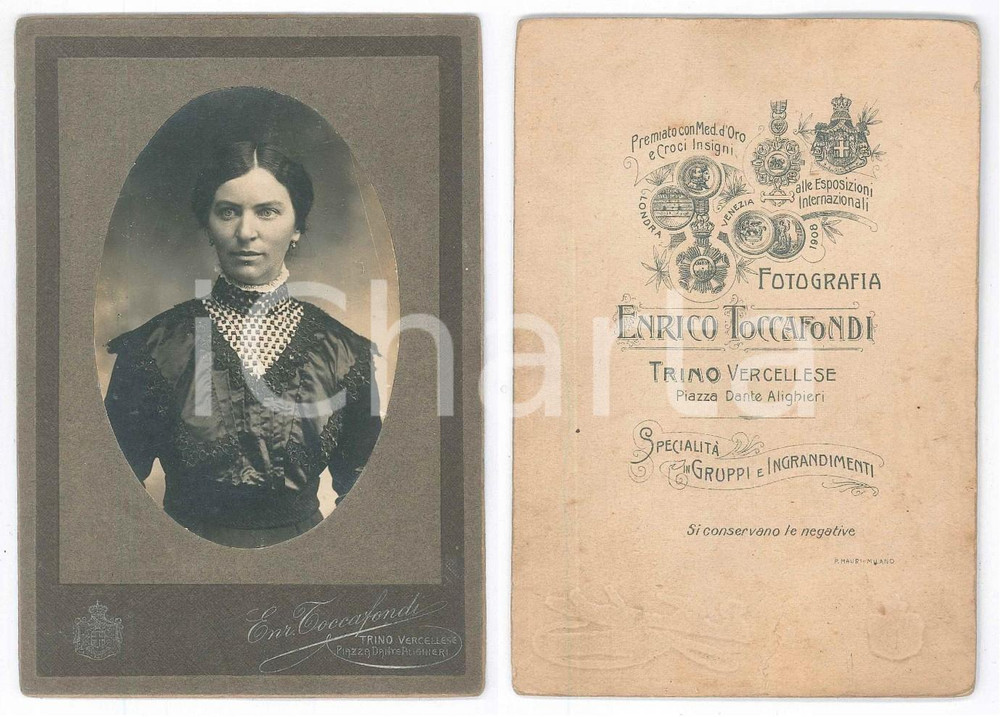 Fotografia d epoca originale 1910 ca TRINO VERCELLESE Ritratto di giovane donna  Foto Enrico TOCCAFONDI 1