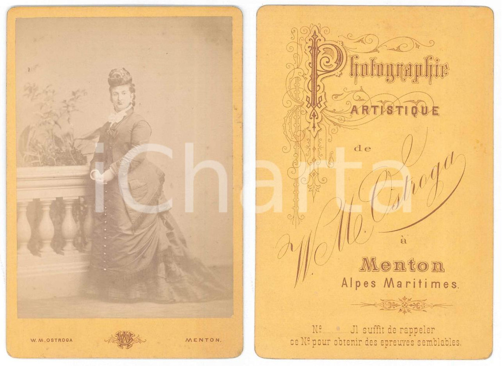 Fotografia d epoca originale 1880 ca MENTON F NOBLESSE  Portrait de femme  Photo W. M. OSTROGA 11x16 1
