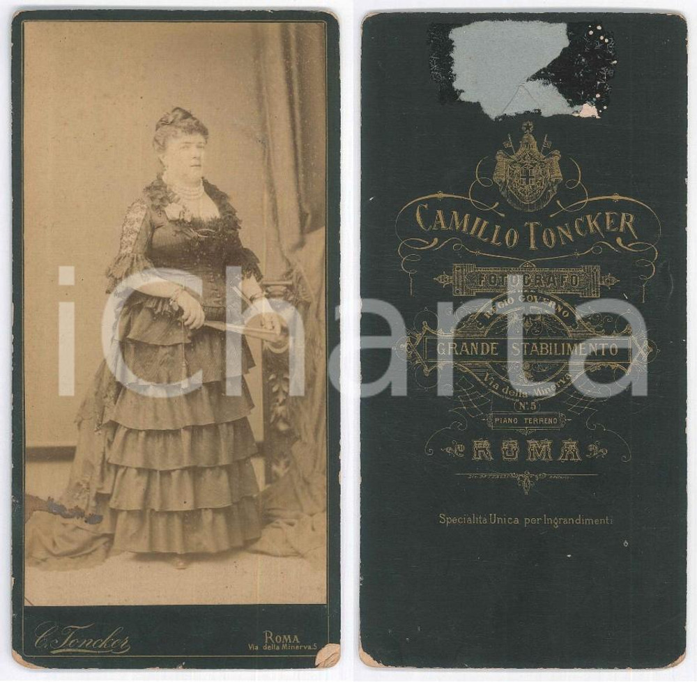 Fotografia d epoca originale 1880 ca ROMA Ritratto di nobildonna con ventaglio  Foto Camillo TONCKER 10x21 1