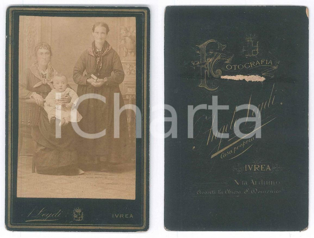 Fotografia d epoca originale 1880 ca IVREA Madre e figlia con bambino  Ritratto Foto Angelo LEYDI 8x12 cm 1