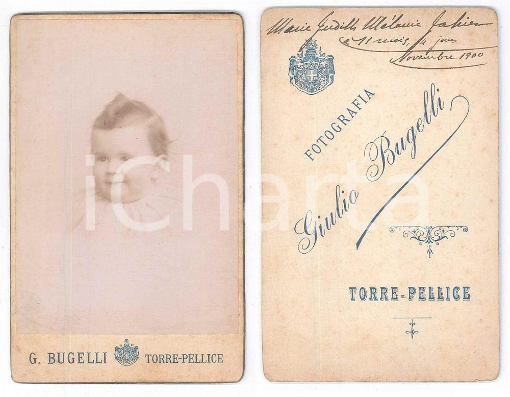 Fotografia d epoca originale 1900 TORRE PELLICE Marie Judith MÃ©lanie JABIN bambina 2 Foto BUGELLI 8x13 cm 1