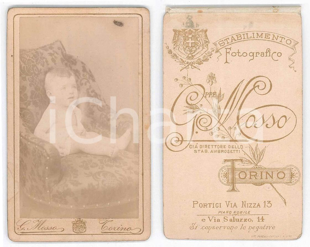 Fotografia d epoca originale 1900 ca TORINO Ritratto di bambino in poltrona Foto Giuseppe MOSSO CDV 1