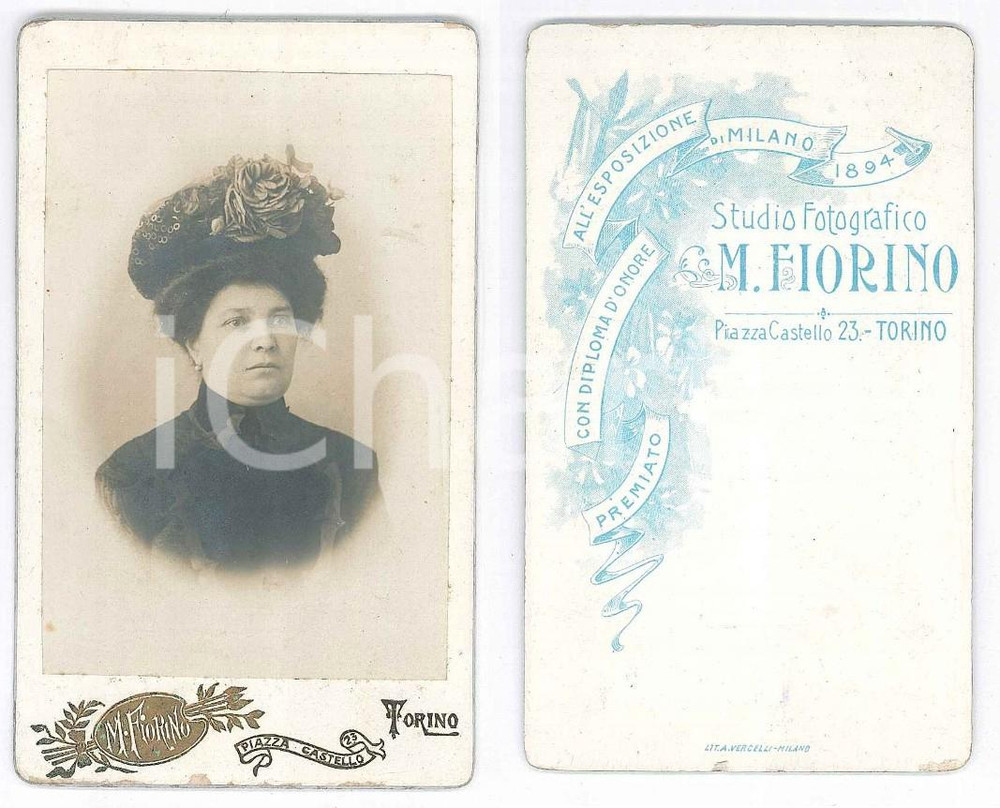Fotografia d epoca originale 1900 ca TORINO Donna con cappello decorato  Ritratto  Foto M. FIORINO CDV 1
