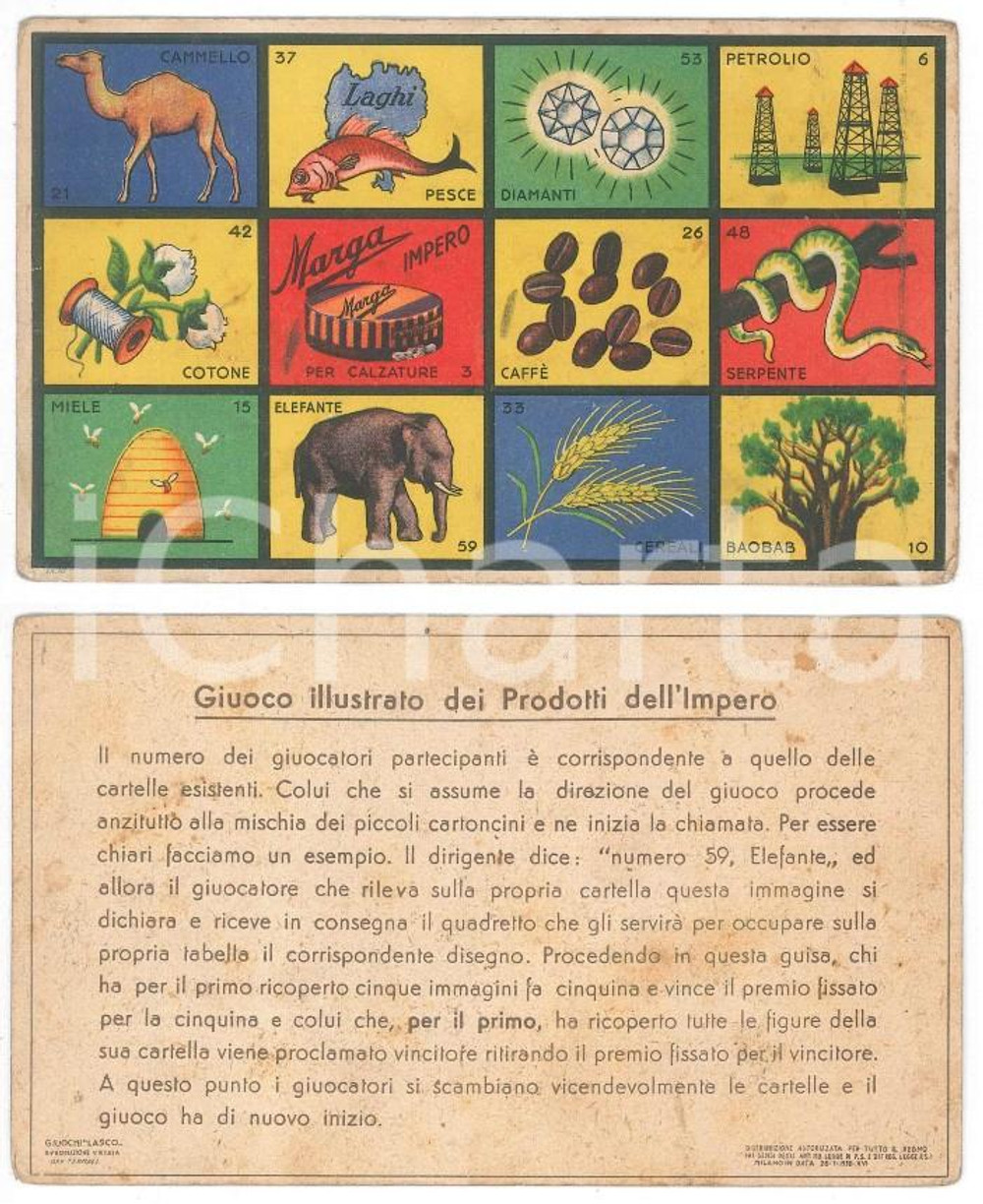 Oggetto da collezione cartaceo 1938 GIUOCHI LASCO Giuoco illustrato Prodotti dell Impero  Cartella 16x10 cm 1