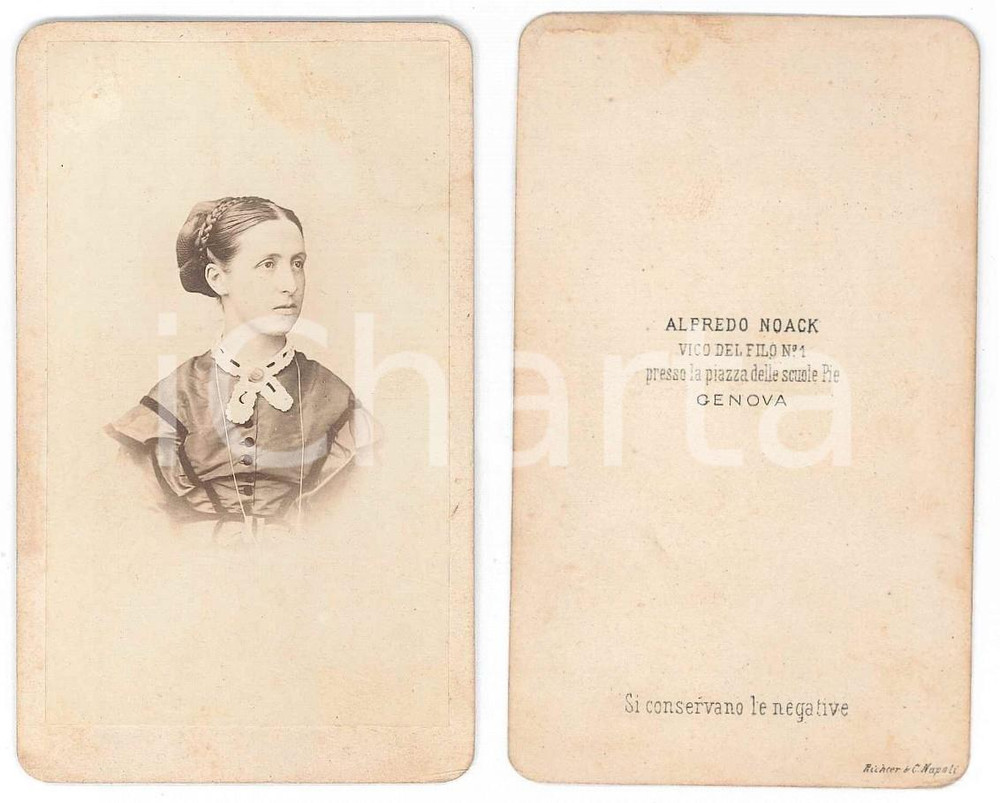 Fotografia d epoca originale 1870 ca GENOVA Ritratto di giovane donna  Busto Foto Alfredo NOACK CDV 1