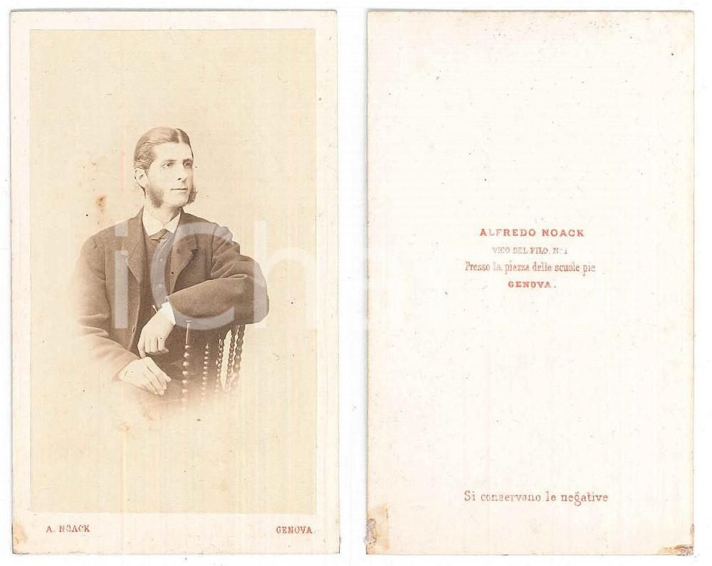 Fotografia d epoca originale 1870 ca GENOVA Ritratto di giovane uomo seduto Foto Alfredo NOACK CDV 1