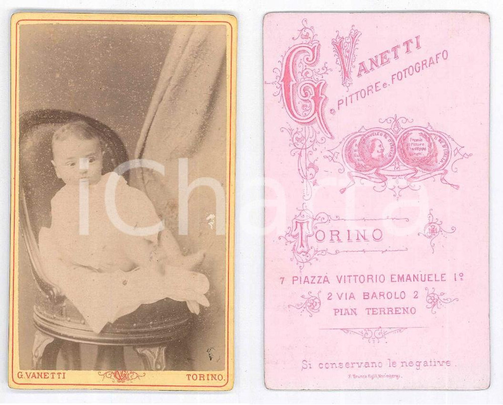Fotografia d epoca originale 1880 ca TORINO Ritratto di bambino su una seggiola Foto Giuseppe VANETTI CDV 1
