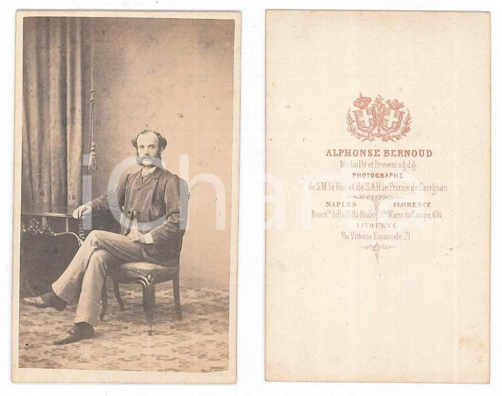 Fotografia d epoca originale 1870 ca ITALIA Ritratto di gentiluomo seduto  Foto Alphonse BERNOUD CDV 1