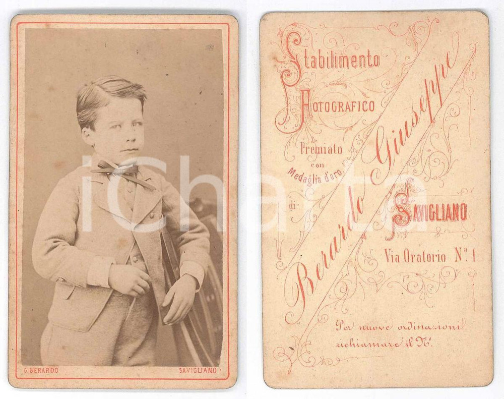 Fotografia d epoca originale 1880 ca SAVIGLIANO Ritratto di bambino in completo da uomo Foto G. BERARDO CDV 1