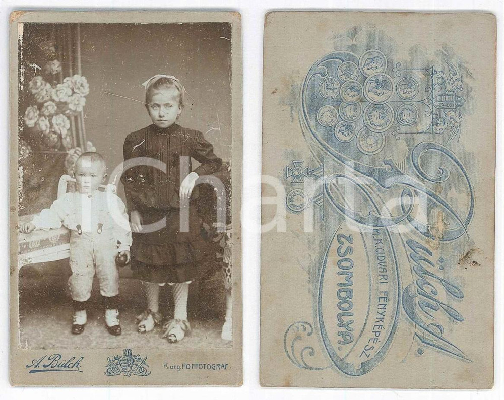 Fotografia d epoca originale 1910 ca JIMBOLIA ROMANIA Portrait of two children Photo A. BÃœLCH CDV 1