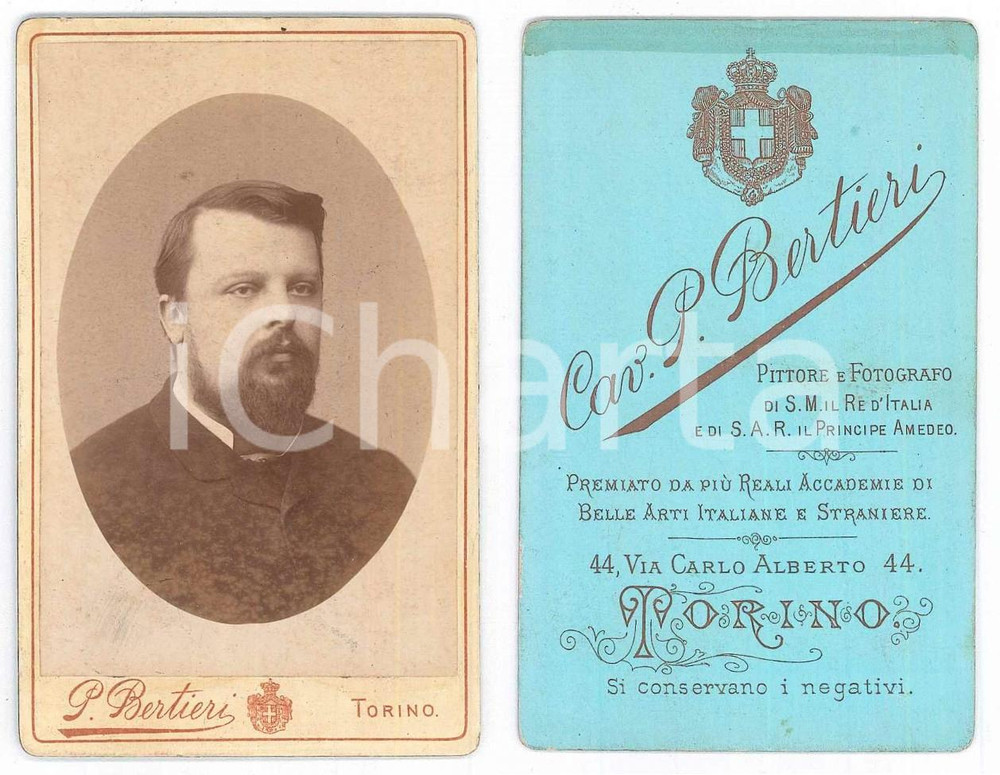 Fotografia d epoca originale 1880 ca TORINO Ritratto maschile  Busto  Foto Pietro BERTIERI CDV 1