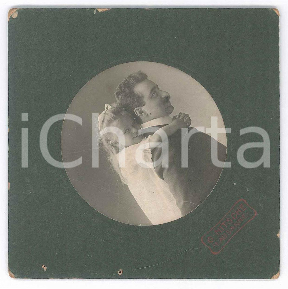 Fotografia d epoca originale 1910 ca LAUSANNE Ritratto di bambina con il padre Foto G. NITSCHE 10x10 cm 1