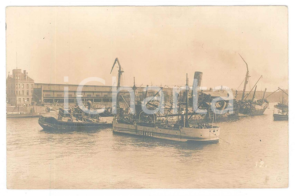 Fotografia d epoca originale 1910 ca GERMANY  BALTIC SEA  Harbour  OSTSEE ship leaving Photo postcard 1