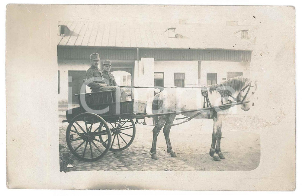 Fotografia d epoca originale 1910 ca K.U.K. ARMEE Coppia di soldati in calesse  Foto cartolina 14x9 cm 1