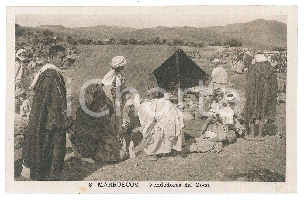 Cartolina originale da collezione 1925 ca MOROCCO  ETHNIC TYPES  Vendedores del Zoco  Souk vendors Postcard 1