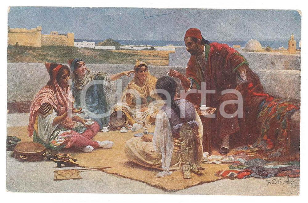 Cartolina originale da collezione 1910 ca NORTH AFRICA  ETHNIC TYPES  Sur la terrasse Postcard 1