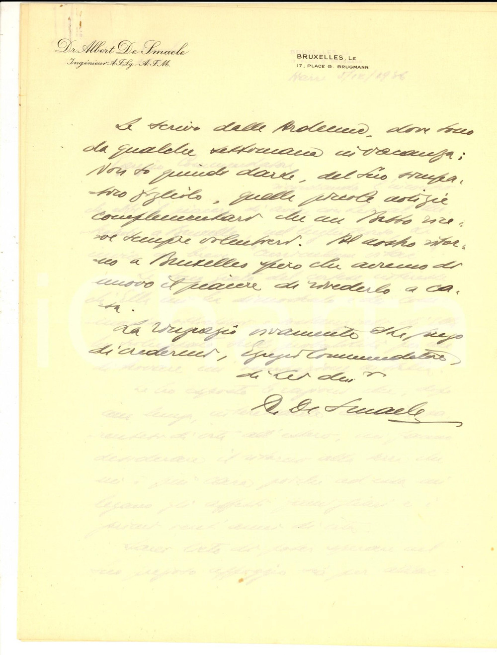 Autografo originale 1936 BRUXELLES Ministro Albert DE SMAELE sogna di tornare in Italia  Autografo 1