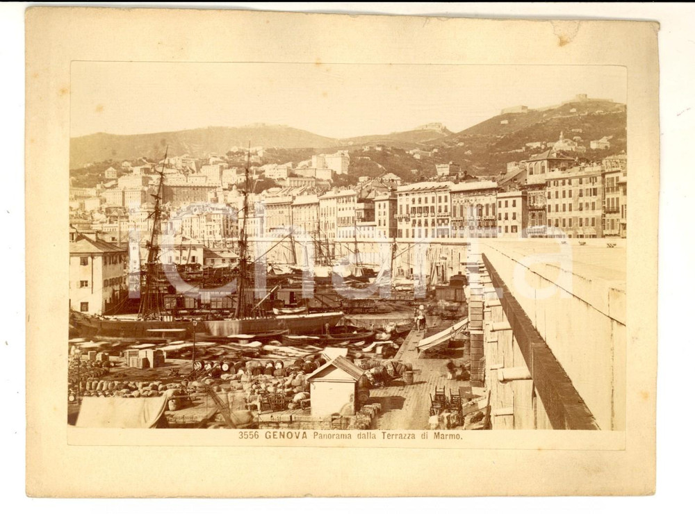 Fotografia d epoca originale 1880 ca GENOVA Panorama dalla Terrazza di marmo  Porto e barche  Foto BROGI 1