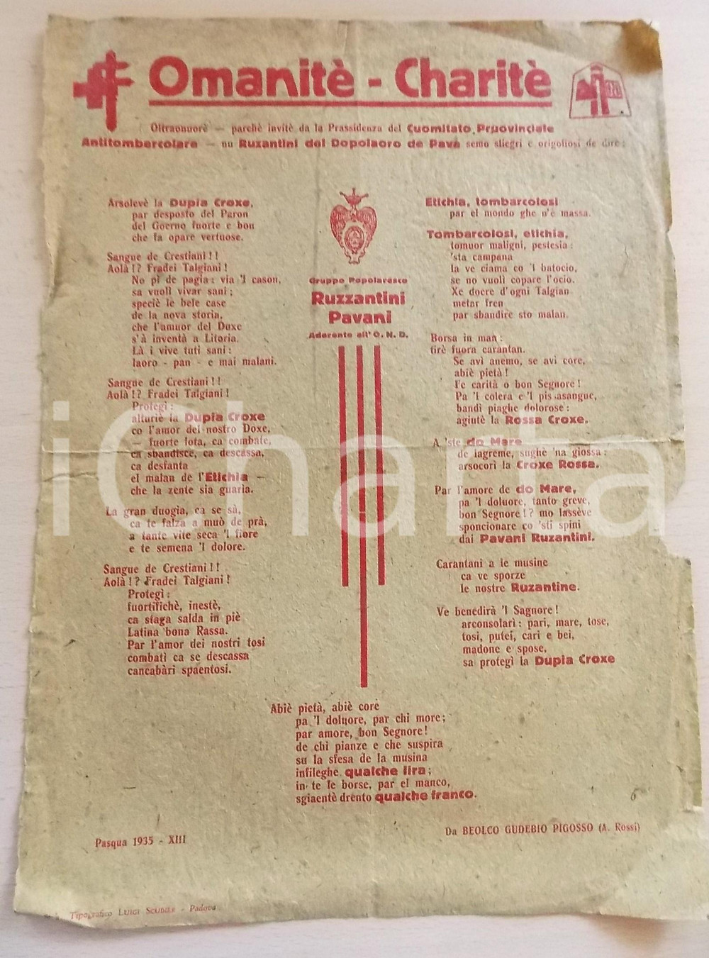 Giornale, rivista storica 1935 PADOVA I RUZANTINI PAVANI Omanité  Charité  Manifesto DIALETTO RARO 1