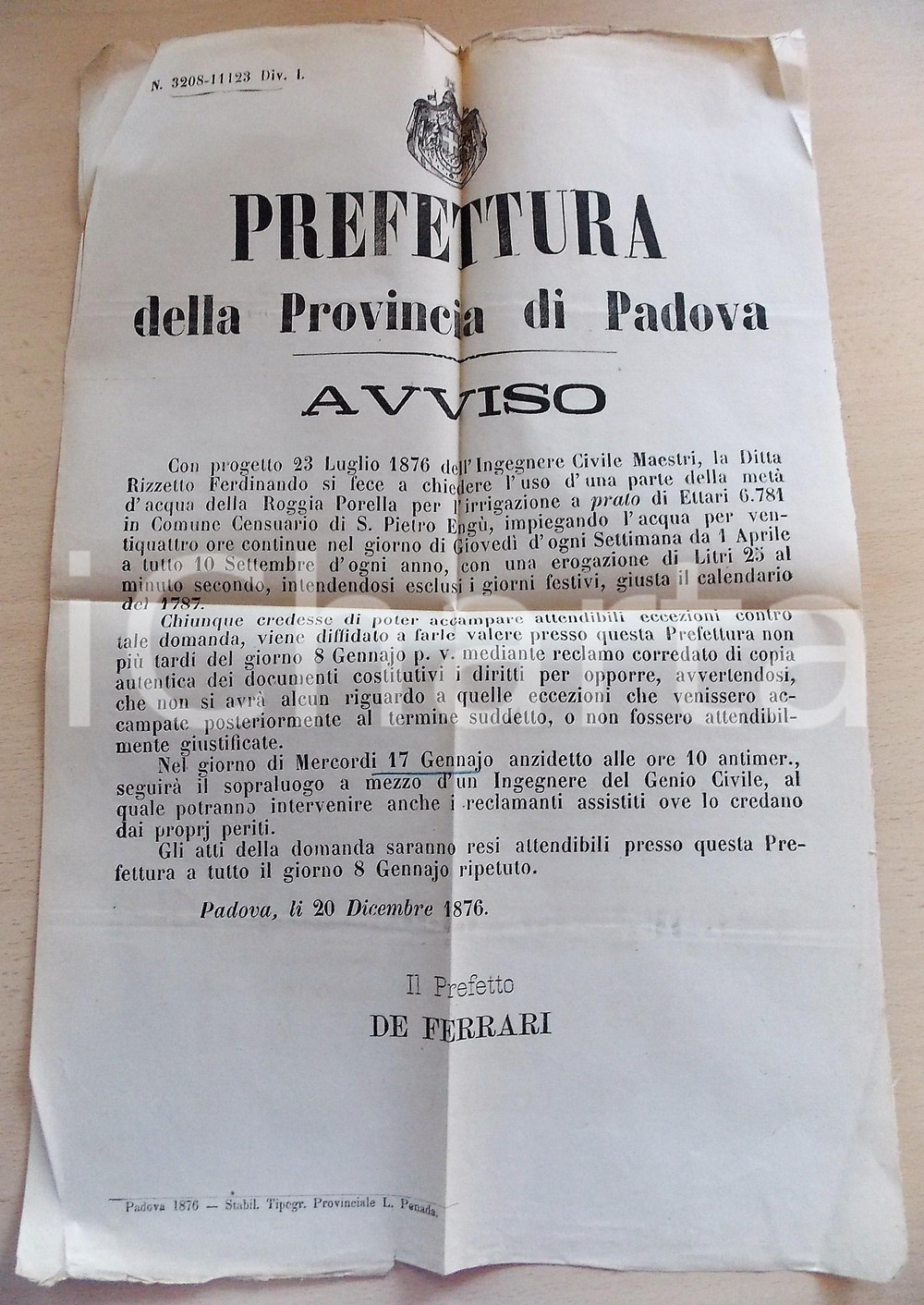 1876 SAN PIETRO ENGU' Uso acque Roggia PORELLA - Ferdinando RIZZETTO 30x45 cm