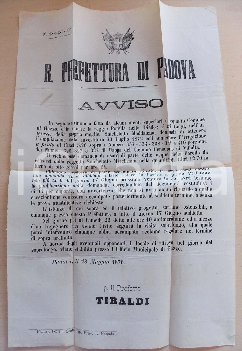 Documento originale, autentico 1876 GAZZO PD Uso acque Roggia PORELLA  Luigi FACCI Manifesto 30x45 cm 1