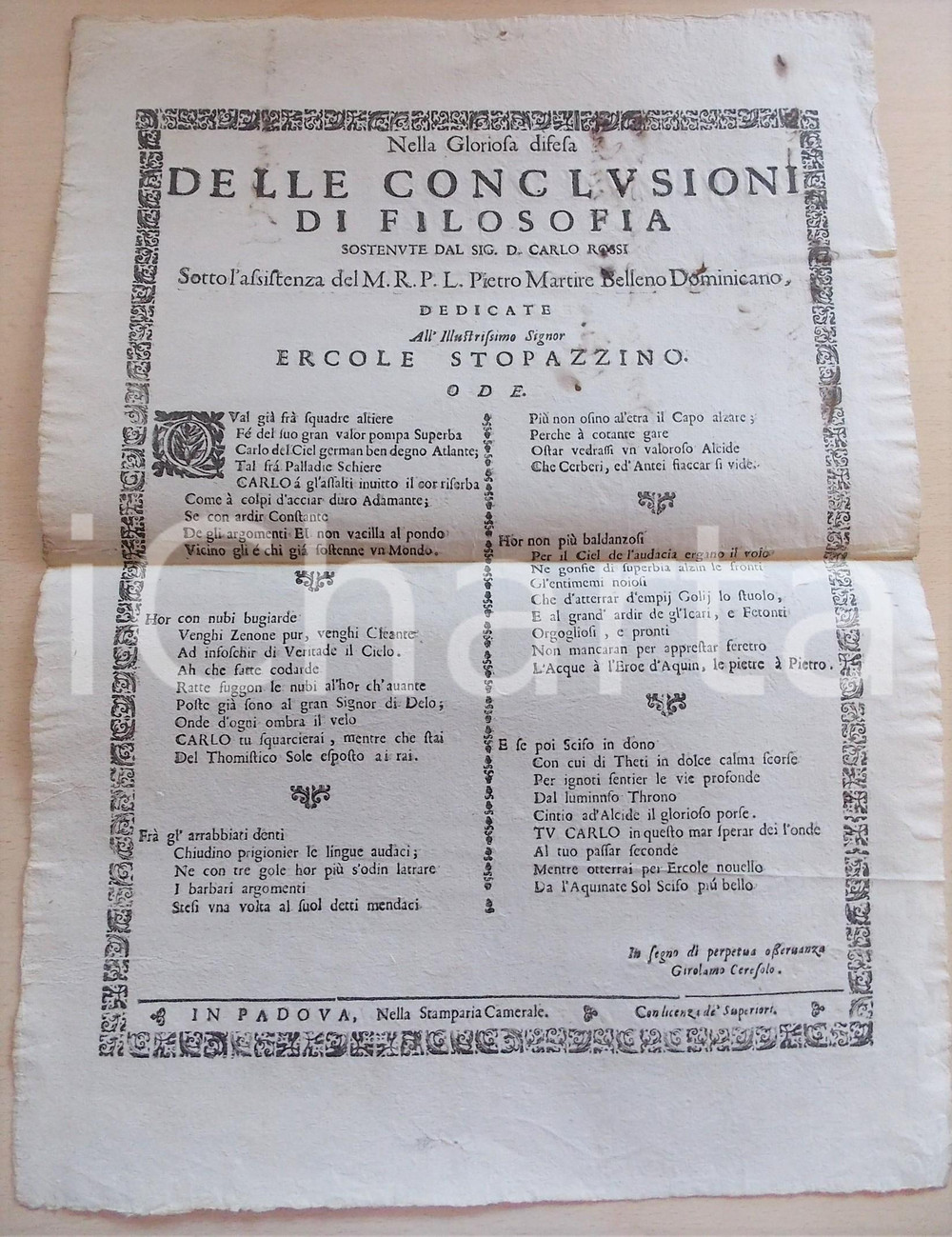 Documento originale, autentico 1659 PADOVA Conclusioni di filosofia sostenute da Carlo ROSSI  Manifesto 30x40 1
