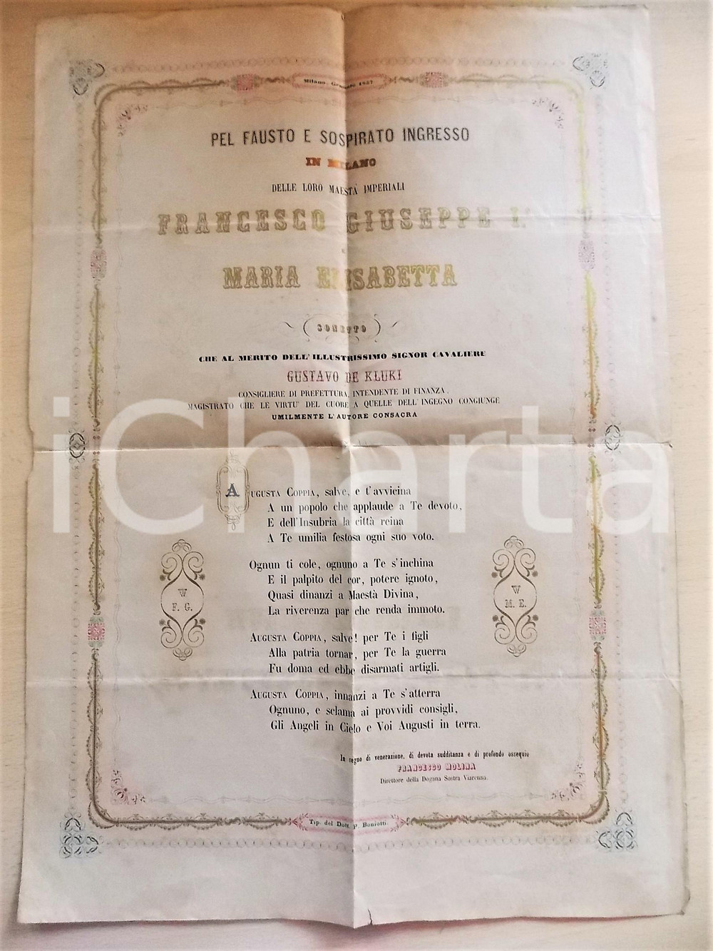 Documento originale, autentico 1857 MILANO Francesco MOLINA Sonetto per ingresso Francesco Giuseppe I 35x50 cm 1