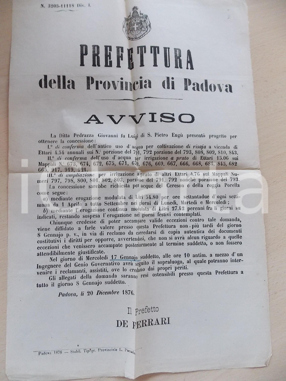 Documento originale, autentico 1876 SAN PIETRO ENGU  Uso acque Roggia PORELLA  Giovanni PEDRAZZA 30x45 cm 1