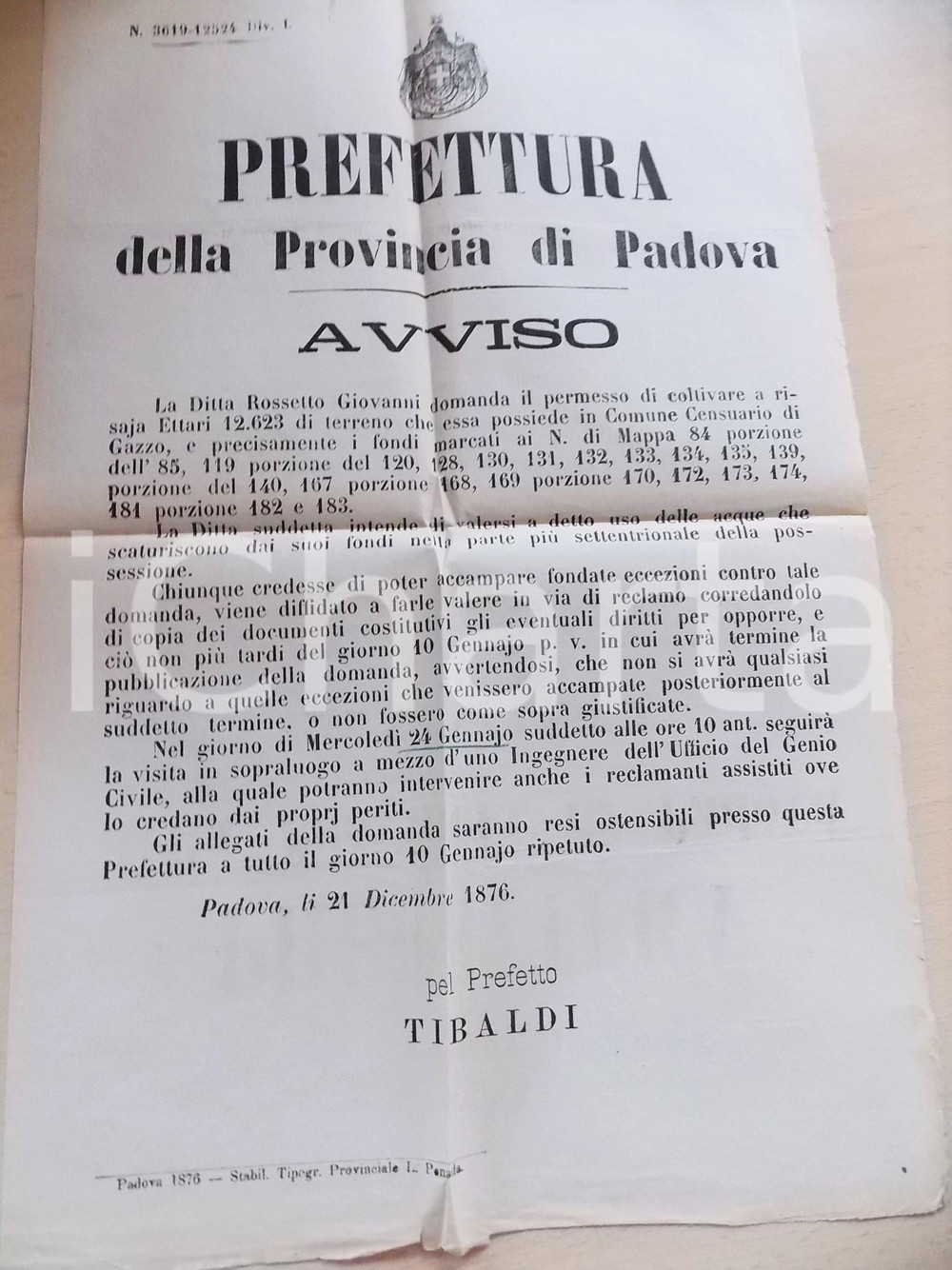 Documento originale, autentico 1876 GAZZO Uso acque Roggia PORELLA per risaia  Giovanni ROSSETTO 30x45 cm 1